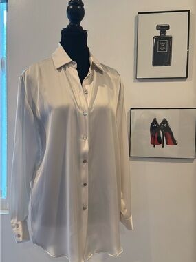 Zara Satin Button Down Blouse Ivory Silk Look Shirt Minimal Chic XS NWT